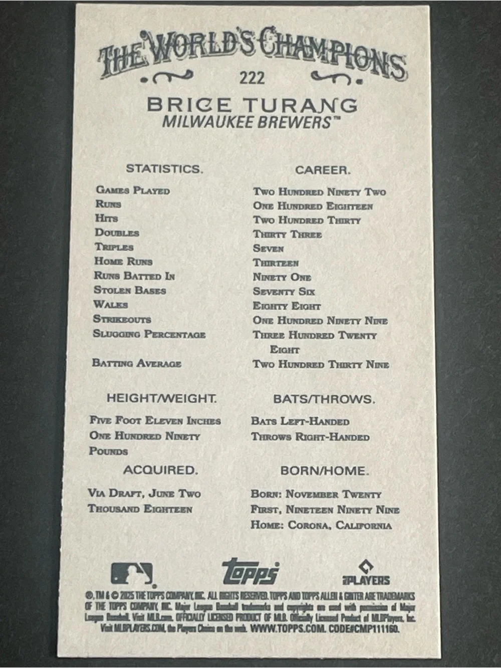 Topps 2025 Allen & Ginter Mini Brice Turang Milwaukee Brewers #222 Mini Card